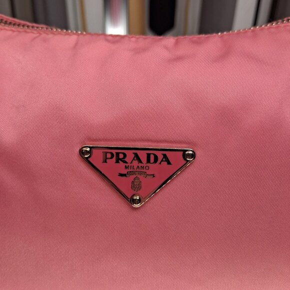 Vintage Prada Hobo Handbag Bubblegum Pink Nylon with Leather Trim Small Size - Picture 2 of 13